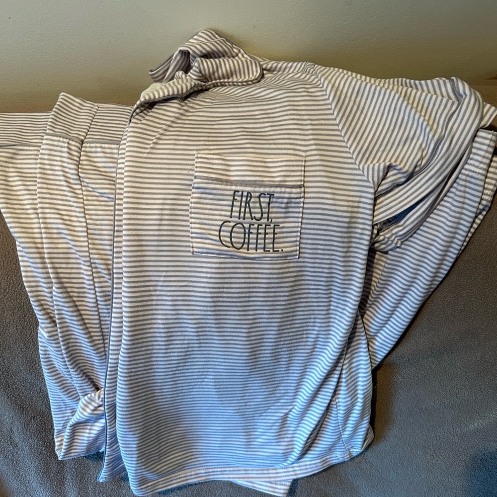 Rae Dunn XL pj’s gray white striped “First Coffee”